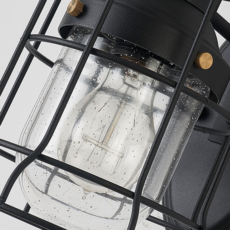 Sikunuo | 1 Light Bell Shade Wall Lamp Industrial Black Glass Wall Lamp for Corridor with Metal Cage Frame