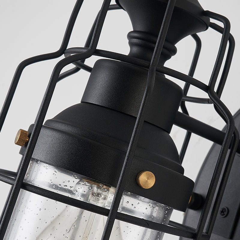 Sikunuo | 1 Light Bell Shade Wall Lamp Industrial Black Glass Wall Lamp for Corridor with Metal Cage Frame