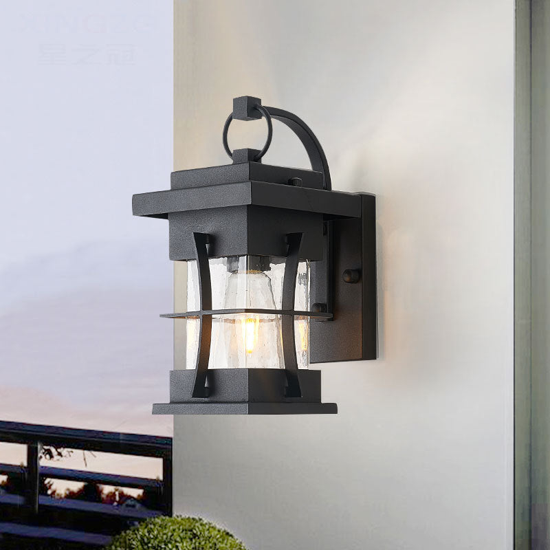 Sikunuo | Clear Glass Black Wall Light Square/Rectangle 1-Light Coastal Wall Lamp Fixture with Iron Cage