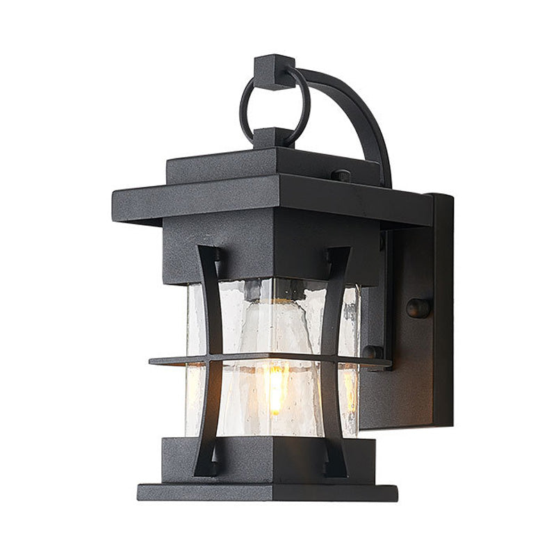 Sikunuo | Clear Glass Black Wall Light Square/Rectangle 1-Light Coastal Wall Lamp Fixture with Iron Cage