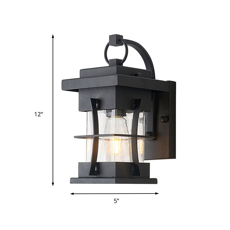Sikunuo | Clear Glass Black Wall Light Square/Rectangle 1-Light Coastal Wall Lamp Fixture with Iron Cage
