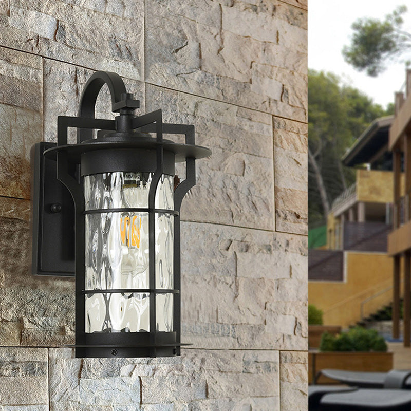 Sikunuo | Clear Glass Black Wall Light Square/Rectangle 1-Light Coastal Wall Lamp Fixture with Iron Cage