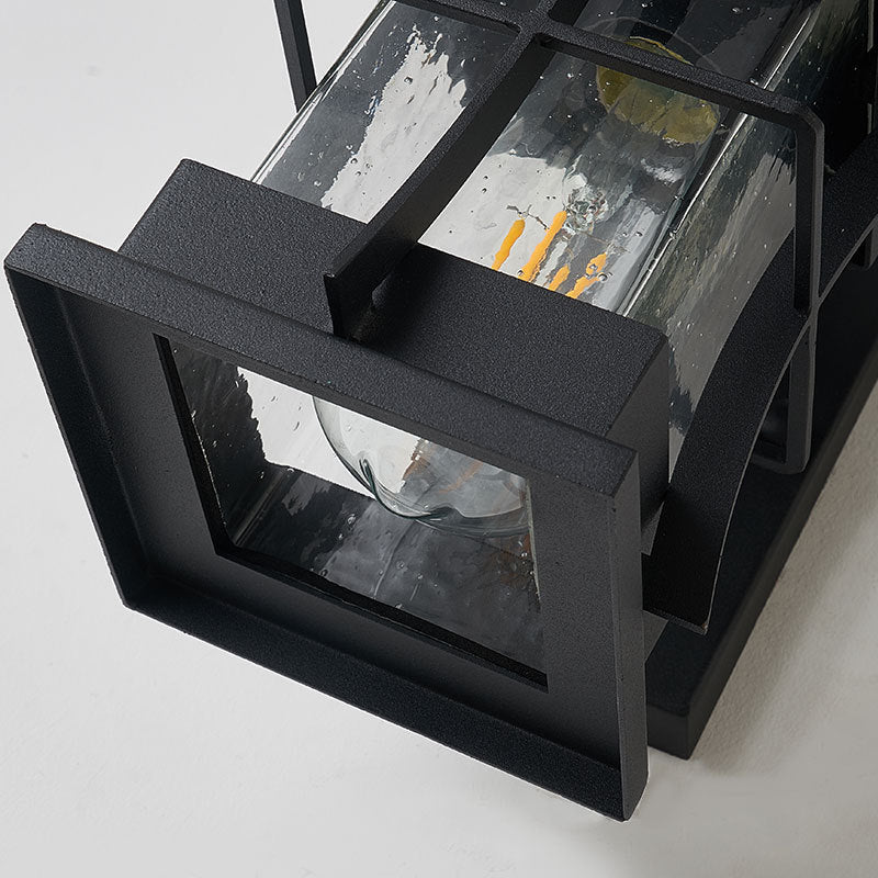 Sikunuo | Clear Glass Black Wall Light Square/Rectangle 1-Light Coastal Wall Lamp Fixture with Iron Cage