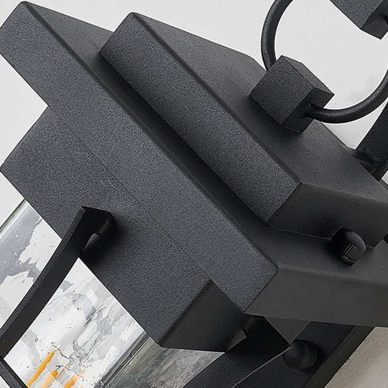 Sikunuo | Clear Glass Black Wall Light Square/Rectangle 1-Light Coastal Wall Lamp Fixture with Iron Cage