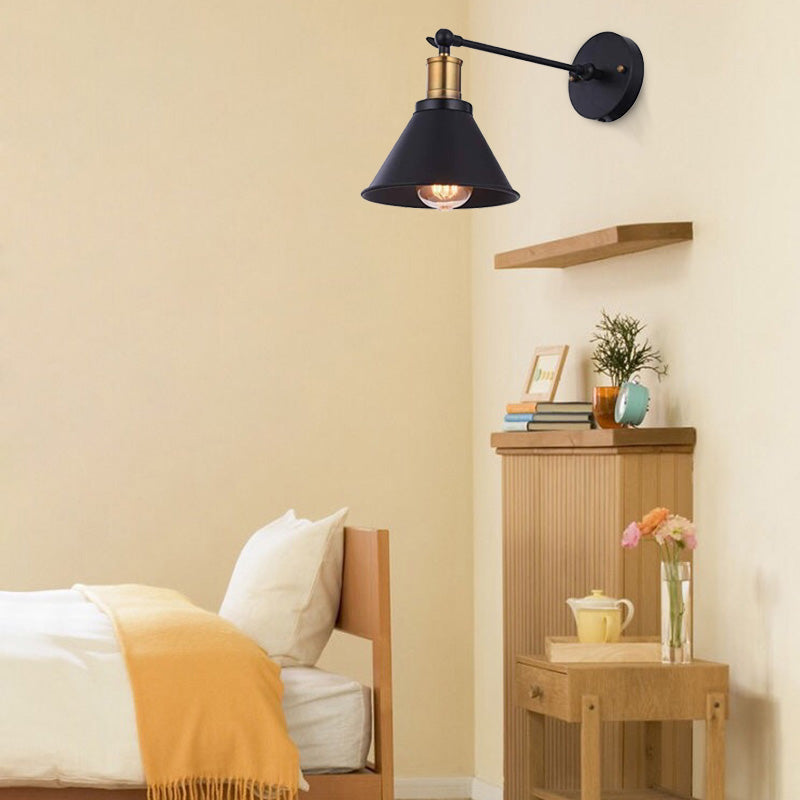 Sikunuo | Black 1 Light Wall Lamp Lighting Industrial Metal Cone Light Fixture for Bedroom