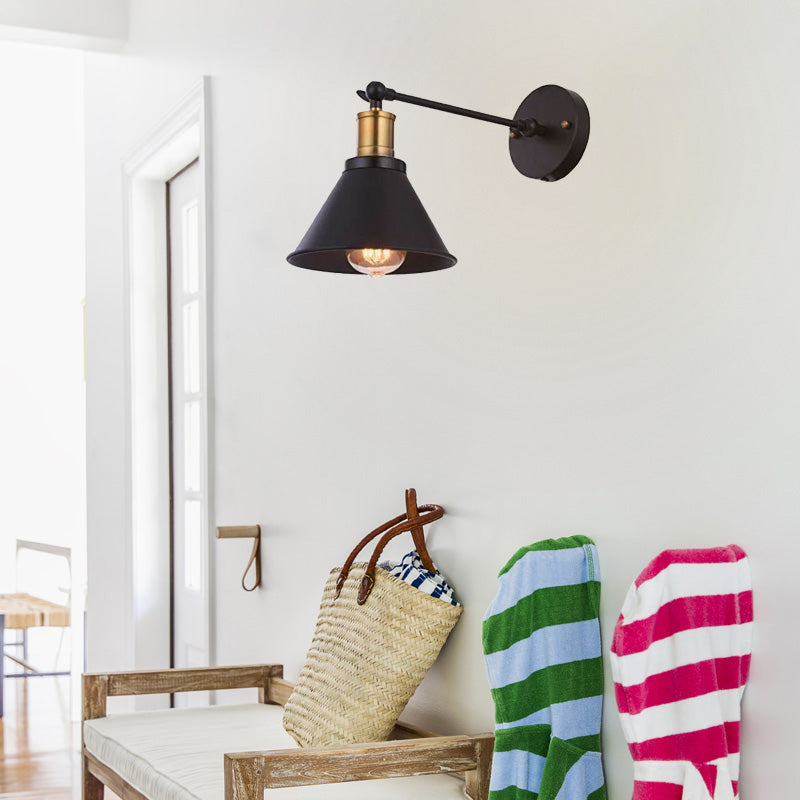 Sikunuo | Black 1 Light Wall Lamp Lighting Industrial Metal Cone Light Fixture for Bedroom