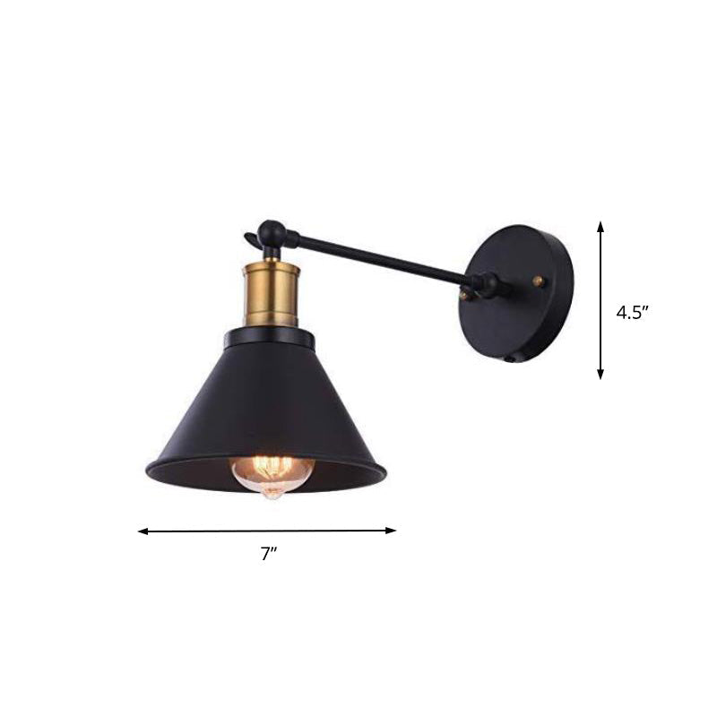Sikunuo | Black 1 Light Wall Lamp Lighting Industrial Metal Cone Light Fixture for Bedroom
