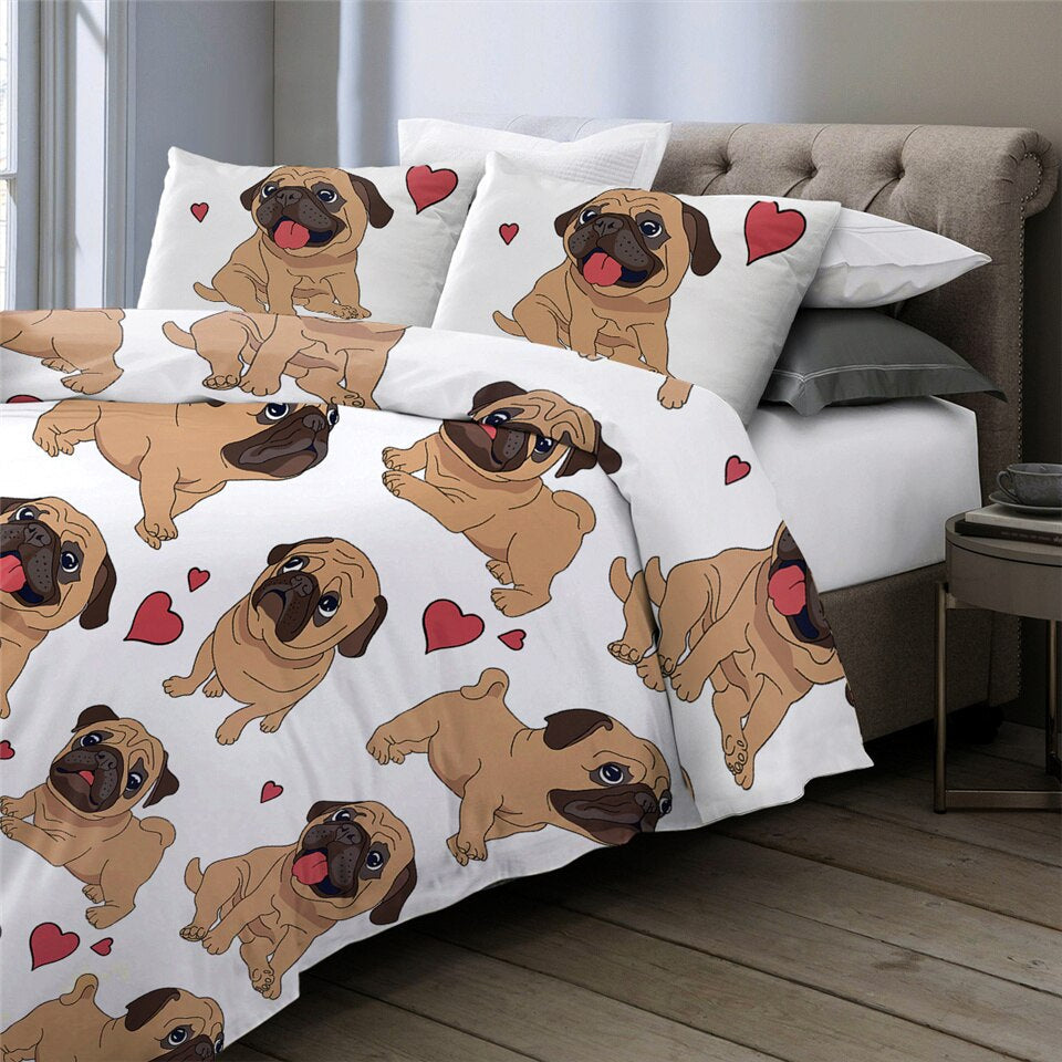 Sikunuo | 3pcs Hippie Pug Puppy Cartoon Comfortable Duvet Cover Bedding Set
