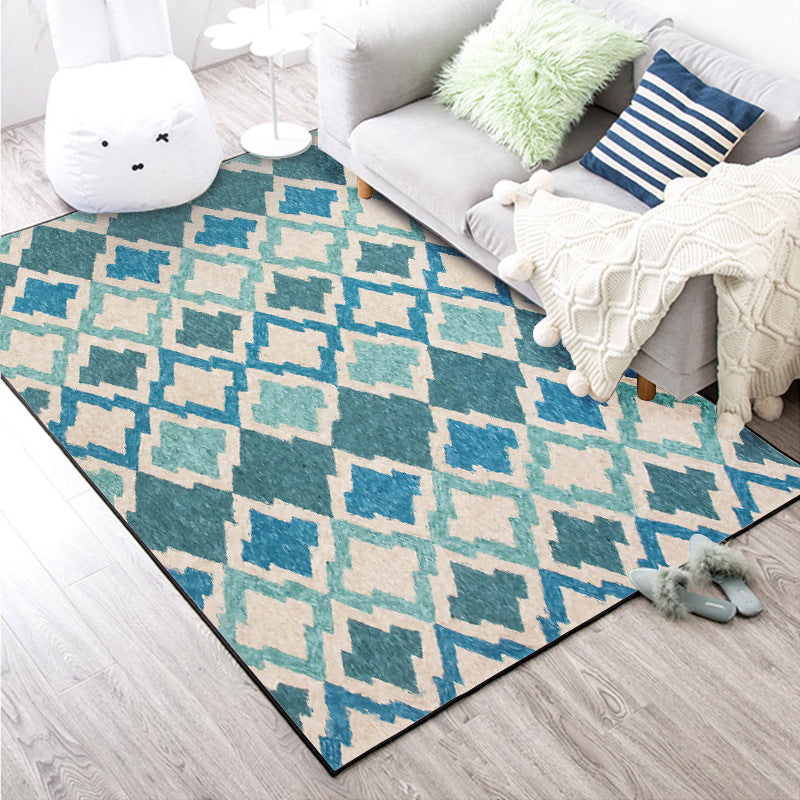 Sikunuo | Geometric Southwest Rug Blue Diamond Trellis Rug Anti-slip Back Power Loom Indoor Rug