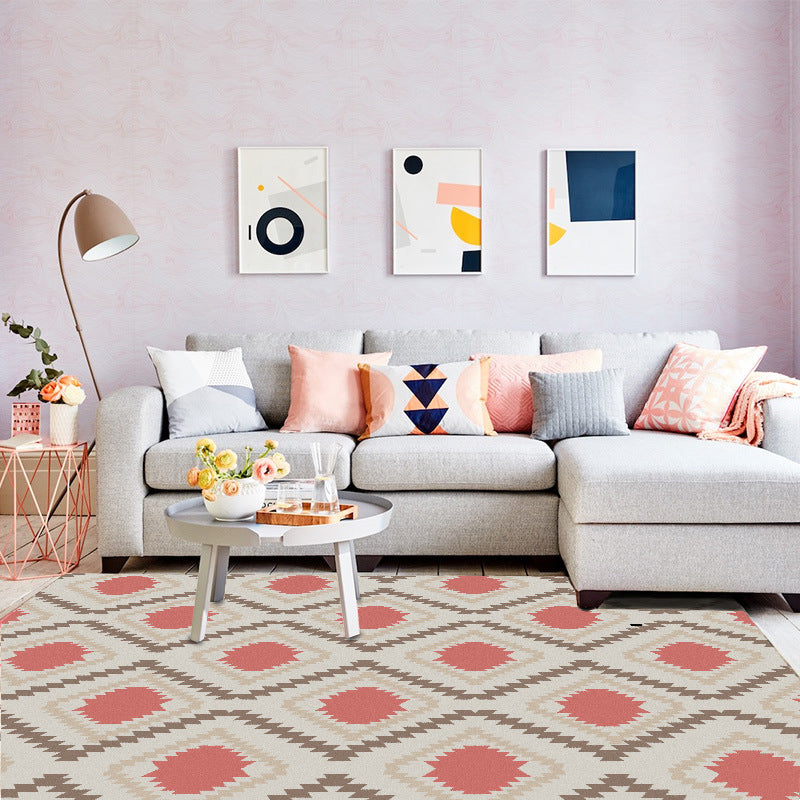 Sikunuo | Geometric Southwest Rug Red Diamond Grid Rug Synthetic Non-Slip Pet Friendly Area Rug for Living Room
