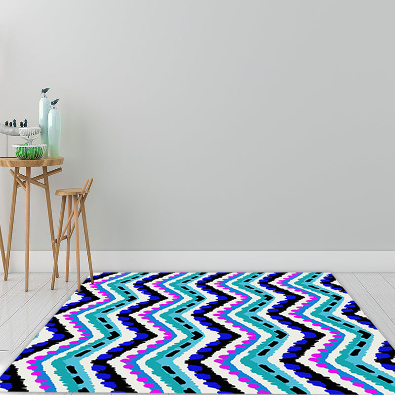 Sikunuo | Zigzag Chevron Stripe Area Rug in Blue and Purple Polyester Pet-Friendly Stain-Resistant Flooring