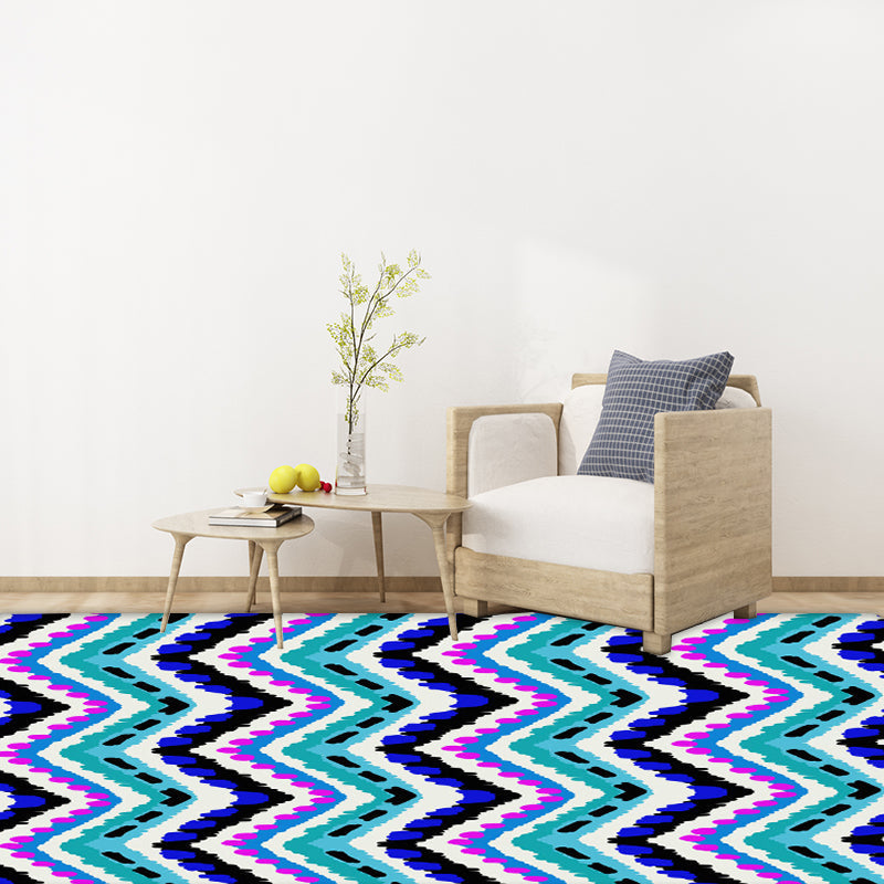 Sikunuo | Zigzag Chevron Stripe Area Rug in Blue and Purple Polyester Pet-Friendly Stain-Resistant Flooring