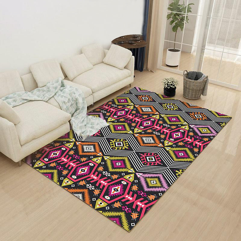 Sikunuo | Yellow Pink Ancestral Diamond Carpet with Tribal Symbols Polyester Washable Pet-Friendly Area Rug for Fireplace