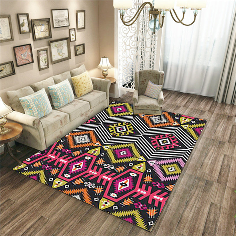 Sikunuo | Yellow Pink Ancestral Diamond Carpet with Tribal Symbols Polyester Washable Pet-Friendly Area Rug for Fireplace