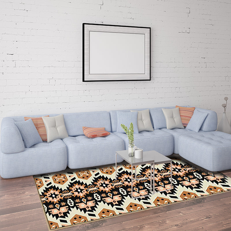 Sikunuo | Yellow and Black Indian Tribal Printed Rug Diamond Geometric Polyester Non-Slip Back Stain Resistant Area Rug