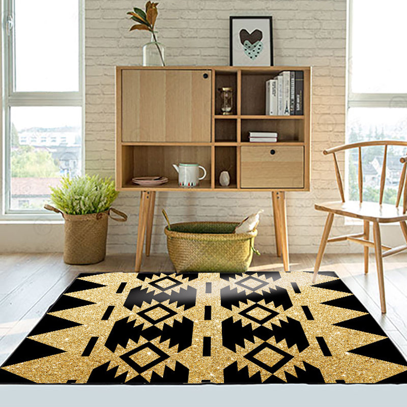 Sikunuo | Zigzag Tribal-Diamond Rug in Gold and Black Polyester Non-Slip Back Power Loom Indoor Rug