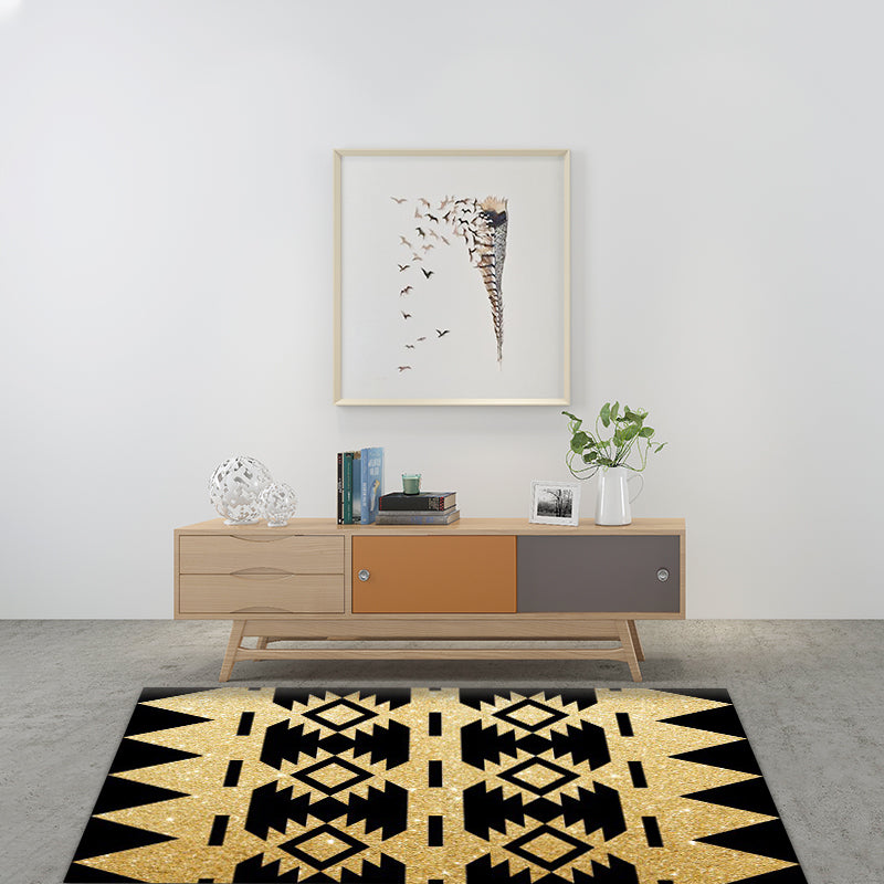 Sikunuo | Zigzag Tribal-Diamond Rug in Gold and Black Polyester Non-Slip Back Power Loom Indoor Rug