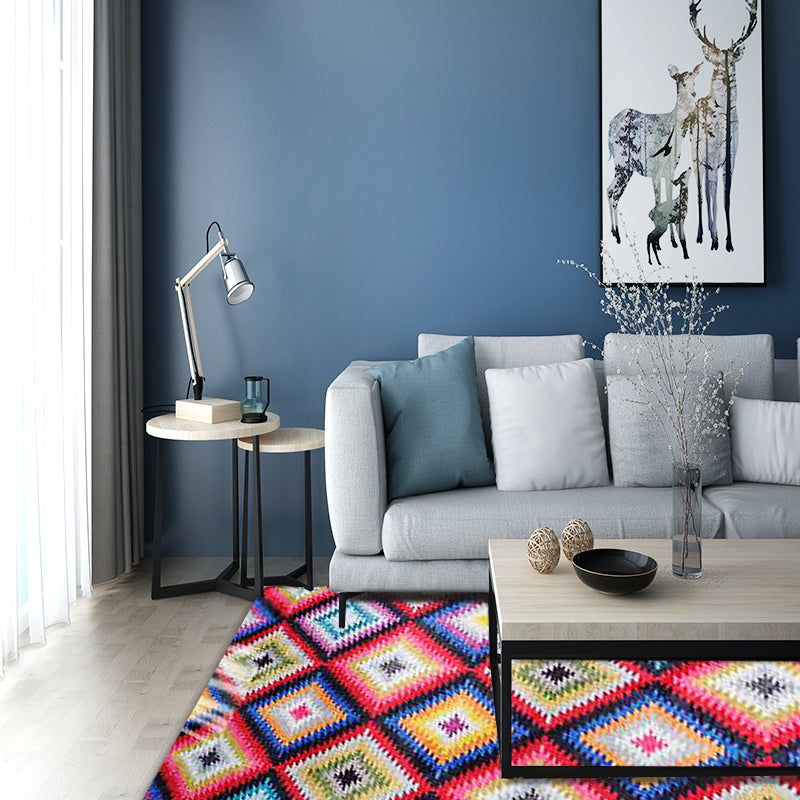 Sikunuo | Retro-Diamond-Geometric Colorful Carpet Navajo Style Fabric Anti-Slip Pet Friendly Area Rug for Living Room