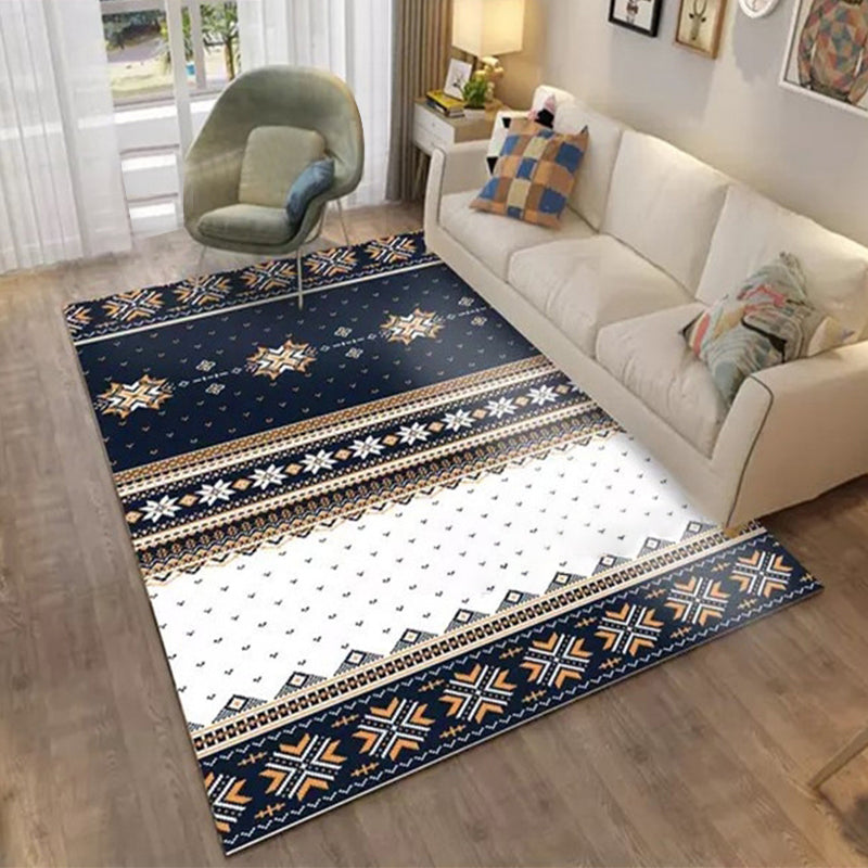 Sikunuo | Blue Banded Tribal Carpet with Dots Artificial Anti-Slip Power Loom Flooring Carpet for the Living Room