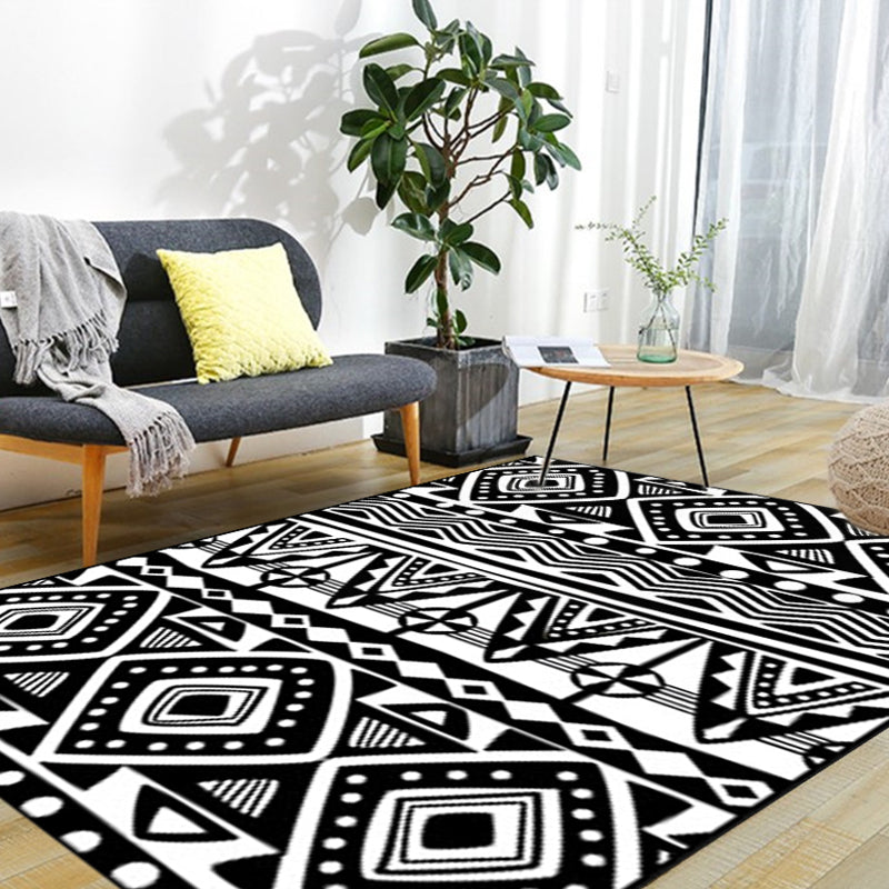 Sikunuo | Black Carpet Zuido Western Tribal Americana Diamond Geometric Flooring Area Rug Polyester Non-Slip Pet-Friendly Rug