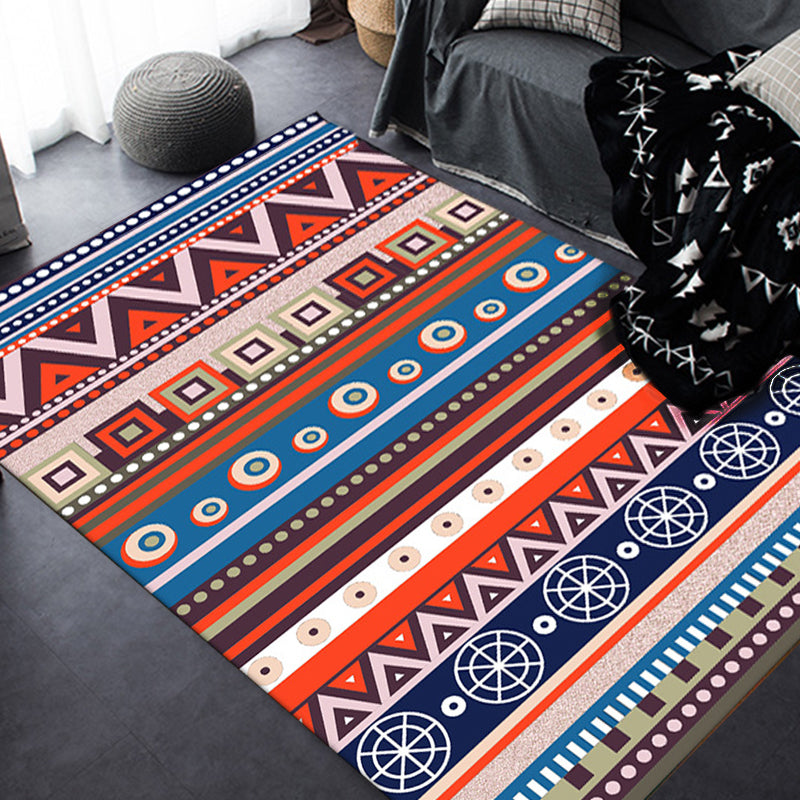 Sikunuo | Blue and Red Americana Tribal Rug Striped Geometric Polyester Pet-Friendly Stain-Resistant Area Rug for Accent Area