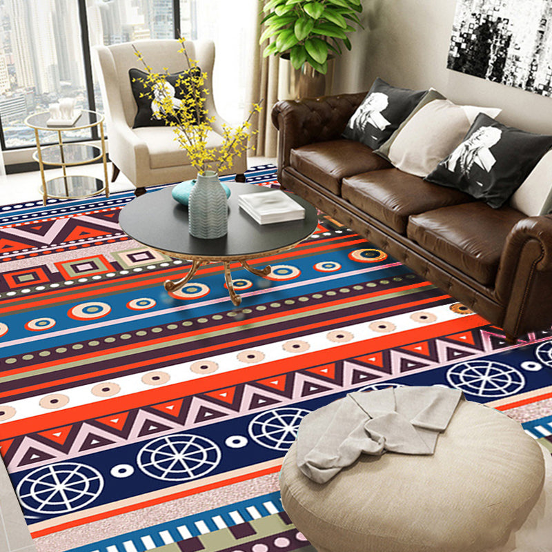 Sikunuo | Blue and Red Americana Tribal Rug Striped Geometric Polyester Pet-Friendly Stain-Resistant Area Rug for Accent Area