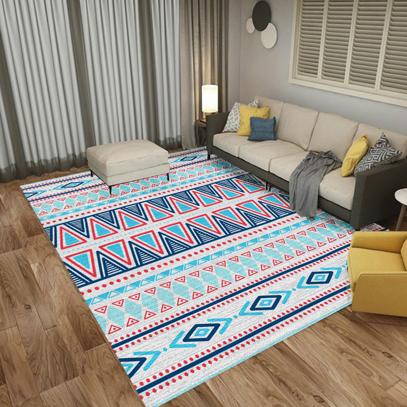 Sikunuo | Americana Tribal Striped Geometric Blue Rug Polyester Power Loom Pet-Friendly Area Rug for Accent Area