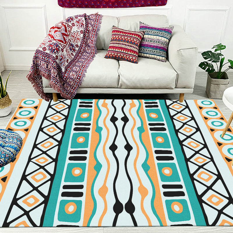Sikunuo | Green striped geometric carpet with diamond and pots Polyester Power Loom pet-friendly carpet for accent area