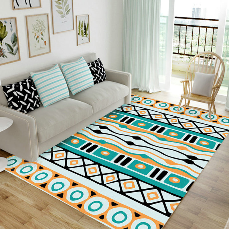 Sikunuo | Green striped geometric carpet with diamond and pots Polyester Power Loom pet-friendly carpet for accent area