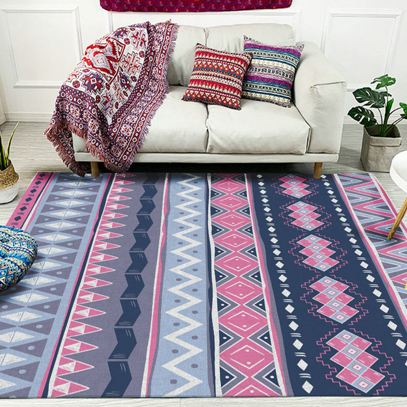 Sikunuo | Blue Pink Striped Geometric Rug Americana Tribal Polyester Rug Pet Friendly Stain Resistant Area Rug for Fireplace