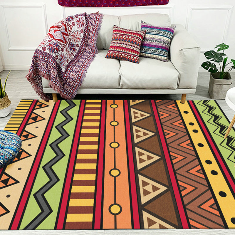 Sikunuo | Dark Red Americana Tribal Carpet Striped Geometric Polyester Pet Friendly Stain Resistant Rug for Accent Area