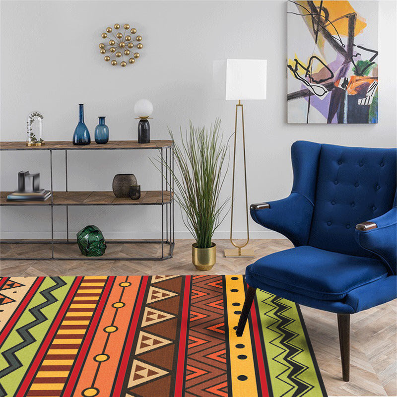 Sikunuo | Dark Red Americana Tribal Carpet Striped Geometric Polyester Pet Friendly Stain Resistant Rug for Accent Area