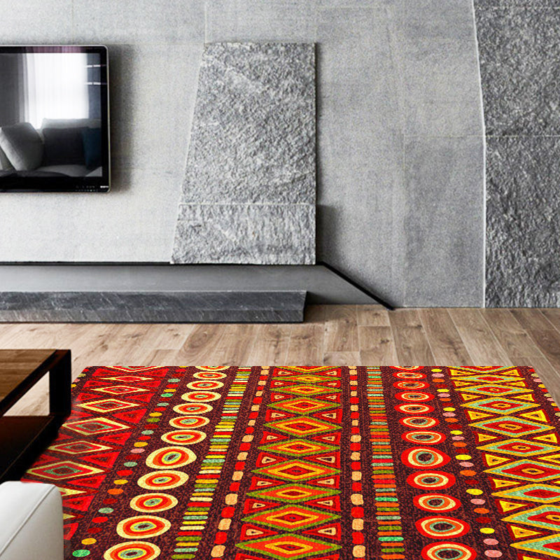 Sikunuo | Dark Red Americana Tribal Carpet Striped Geometric Polyester Pet Friendly Stain Resistant Rug for Accent Area