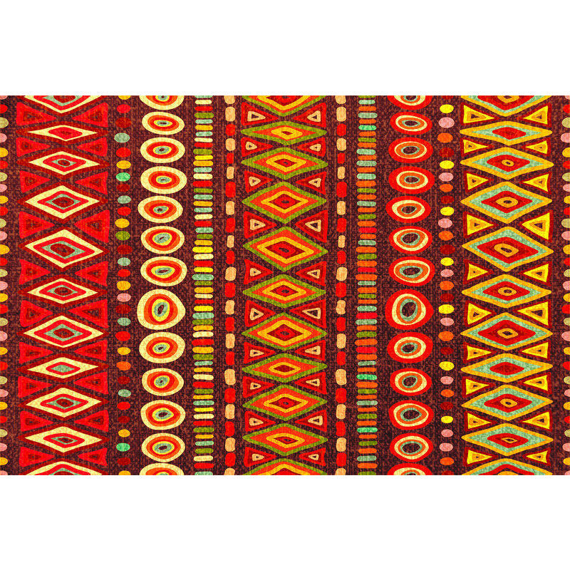 Sikunuo | Dark Red Americana Tribal Carpet Striped Geometric Polyester Pet Friendly Stain Resistant Rug for Accent Area