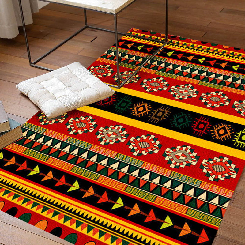 Sikunuo | Dark Red Americana Tribal Carpet Striped Geometric Polyester Pet Friendly Stain Resistant Rug for Accent Area