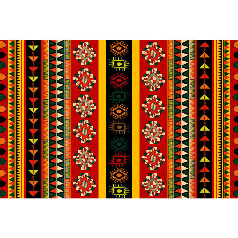 Sikunuo | Dark Red Americana Tribal Carpet Striped Geometric Polyester Pet Friendly Stain Resistant Rug for Accent Area