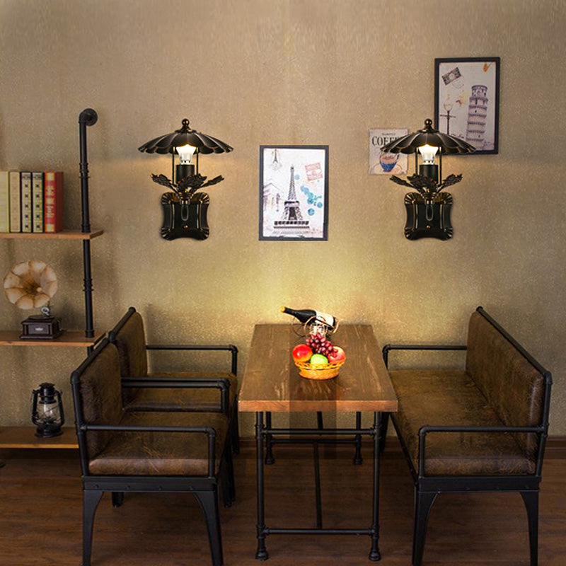 Sikunuo | Metal Bronze Wall Lamp Cone 1-Light Industrial Wall Lamp with Leaf Decoration and Square Back Plate