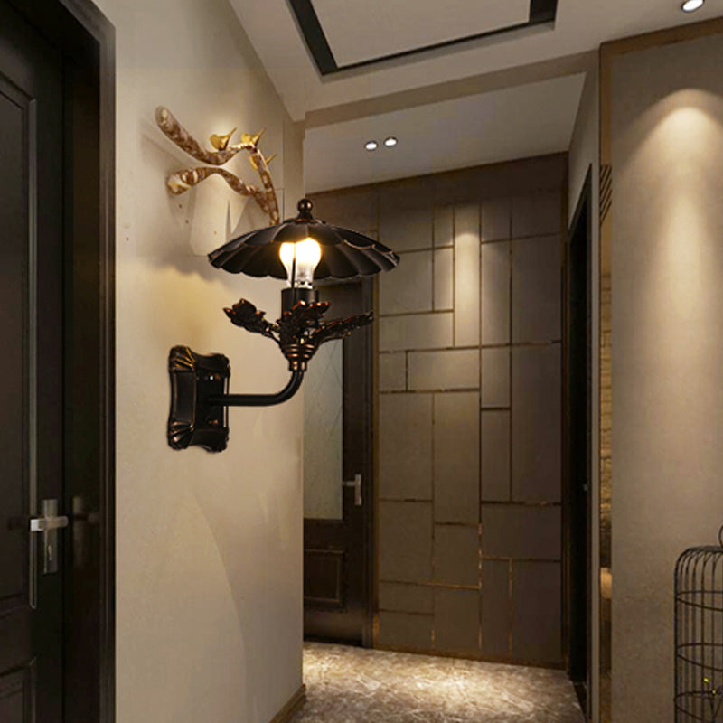 Sikunuo | Metal Bronze Wall Lamp Cone 1-Light Industrial Wall Lamp with Leaf Decoration and Square Back Plate