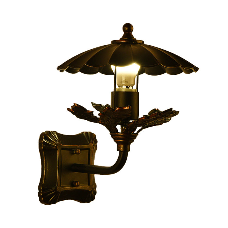 Sikunuo | Metal Bronze Wall Lamp Cone 1-Light Industrial Wall Lamp with Leaf Decoration and Square Back Plate