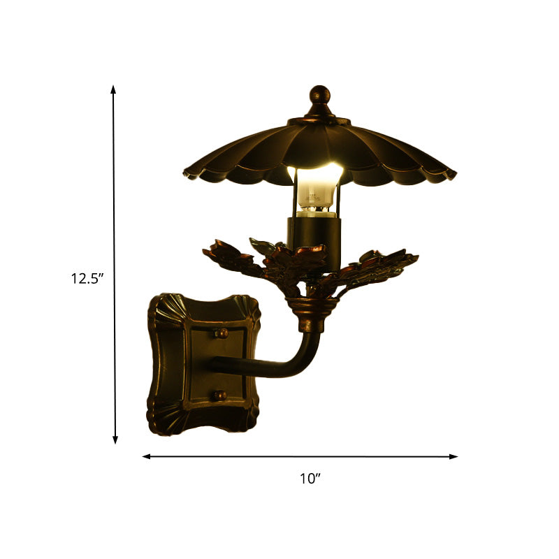 Sikunuo | Metal Bronze Wall Lamp Cone 1-Light Industrial Wall Lamp with Leaf Decoration and Square Back Plate