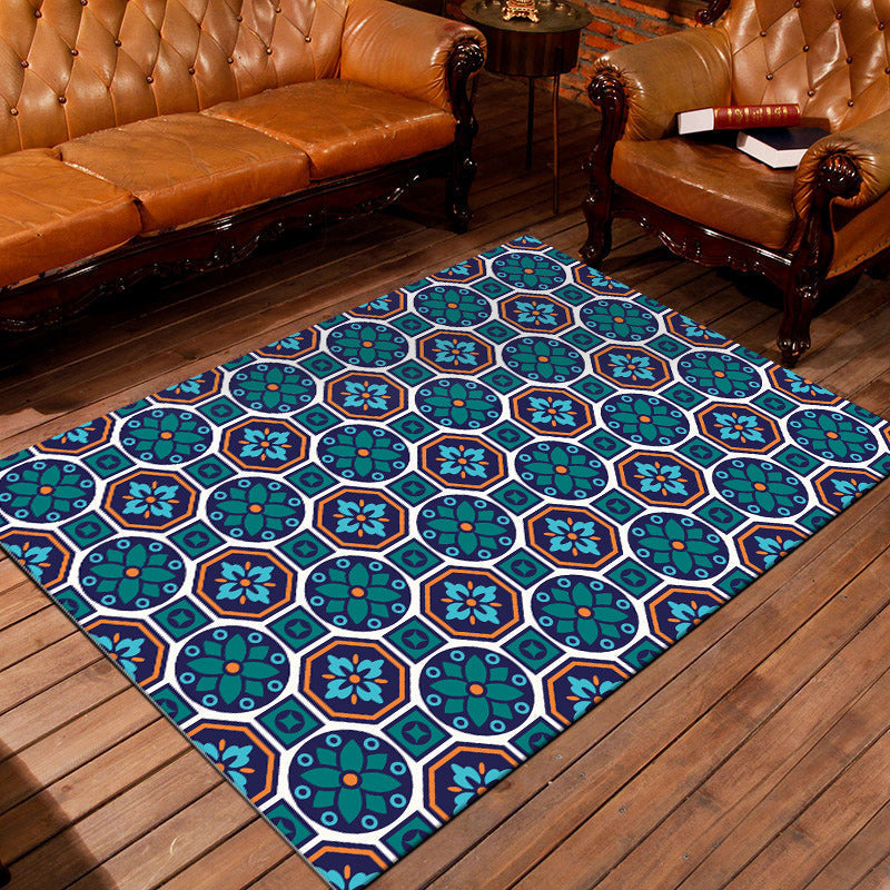Sikunuo | Eastern geometric floral pattern rug in green Moroccan rug polyester non-slip backing rug for bedroom