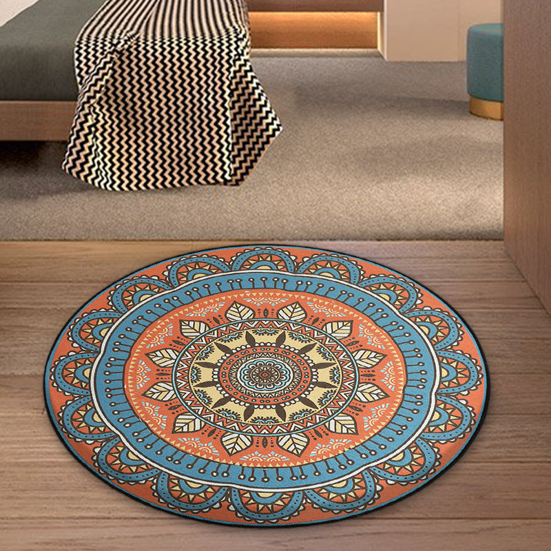 Sikunuo | Blue and Orange Tribal Carpet with Leaf Polyester Southwestern Print Non-Slip Back Carpet for Bedroom