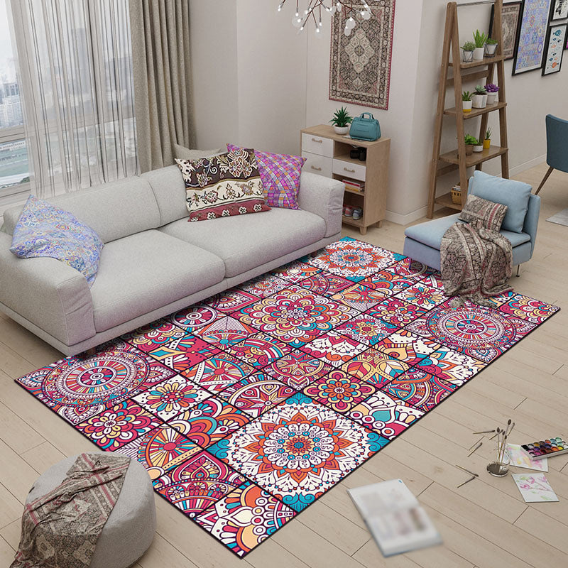 Sikunuo | Mediterranean-Moroccan diamond pattern multicolored floral square rug made of polyester non-slip mat for the living room