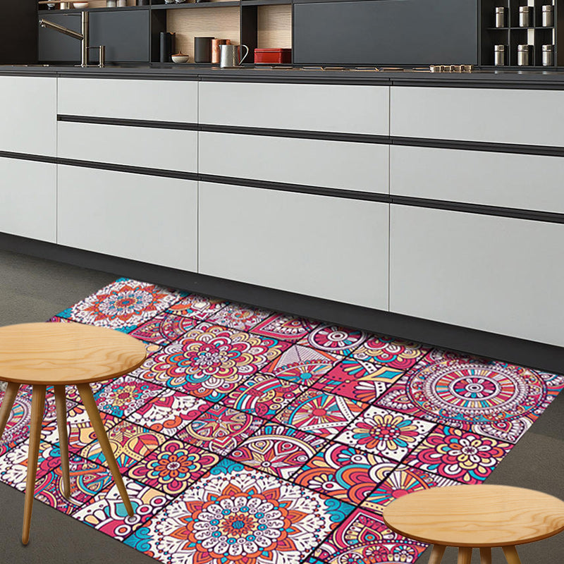 Sikunuo | Mediterranean-Moroccan diamond pattern multicolored floral square rug made of polyester non-slip mat for the living room
