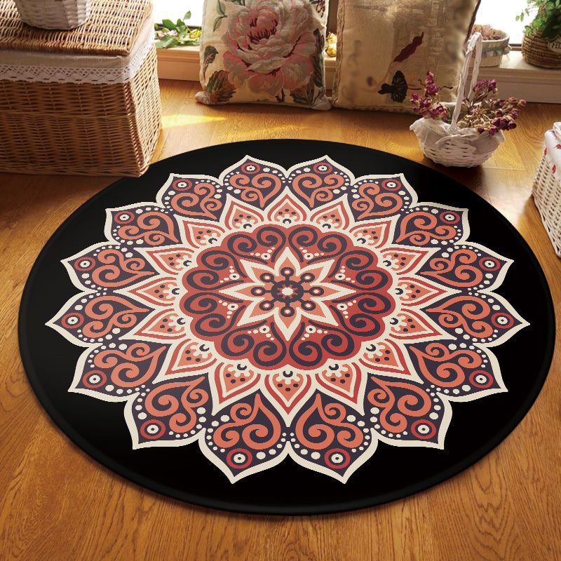 Sikunuo | Retro Floral Rug Black and Red Moroccan Rug Polyester Non-Slip Back Rug for Bedroom