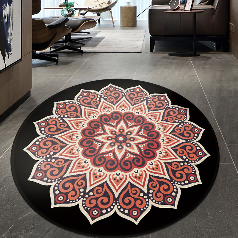 Sikunuo | Retro Floral Rug Black and Red Moroccan Rug Polyester Non-Slip Back Rug for Bedroom