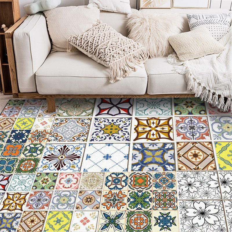 Sikunuo | Mediterranean geometric floral pattern carpet multicolor Moroccan carpet polyester non-slip back carpet for bedroom