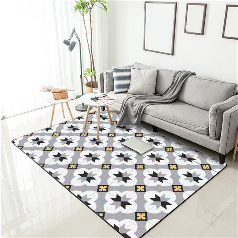 Sikunuo | Gray Moroccan Rug Polyester Flower Diamond Print Rug Non-Slip Flooring for Home Decor