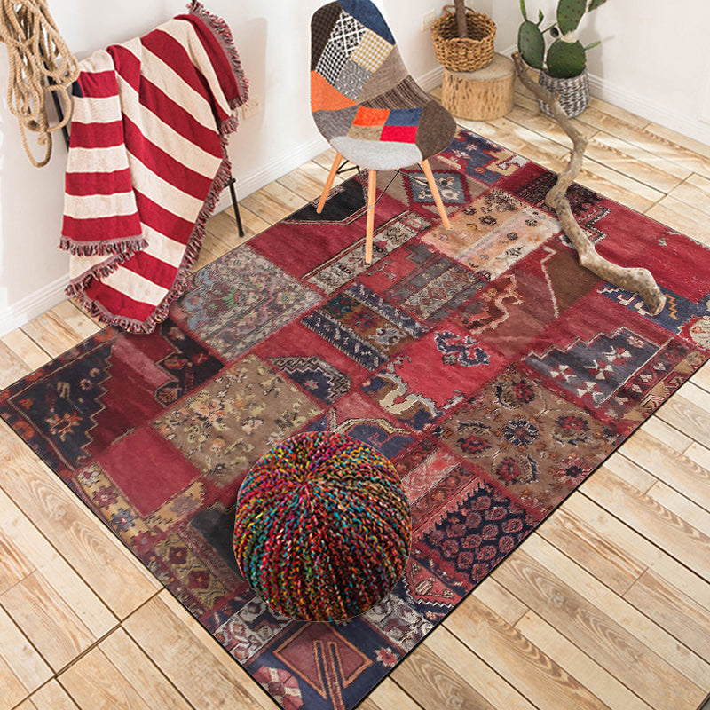 Sikunuo | Red Bedroom Carpet Moroccan Rectangular Floral Stripe Printed Carpet Polyester Non-Slip Carpet