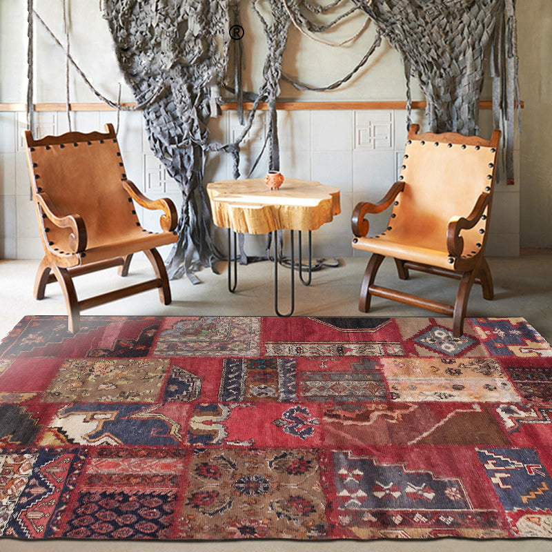 Sikunuo | Red Bedroom Carpet Moroccan Rectangular Floral Stripe Printed Carpet Polyester Non-Slip Carpet